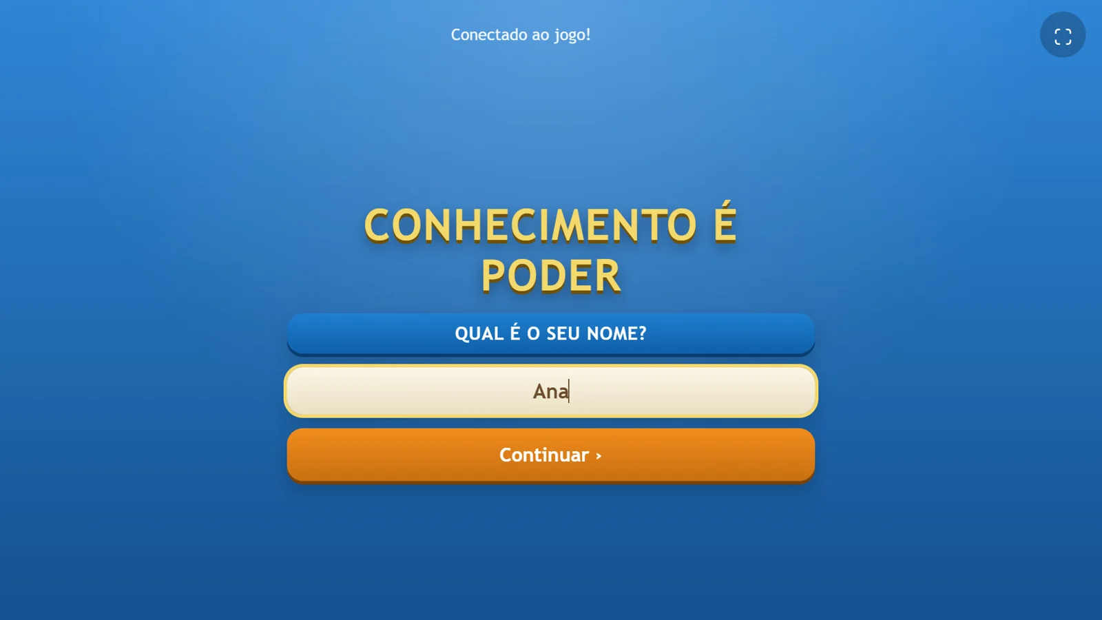 Tela do celular para informar o nome do jogador, com o exemplo Ana.