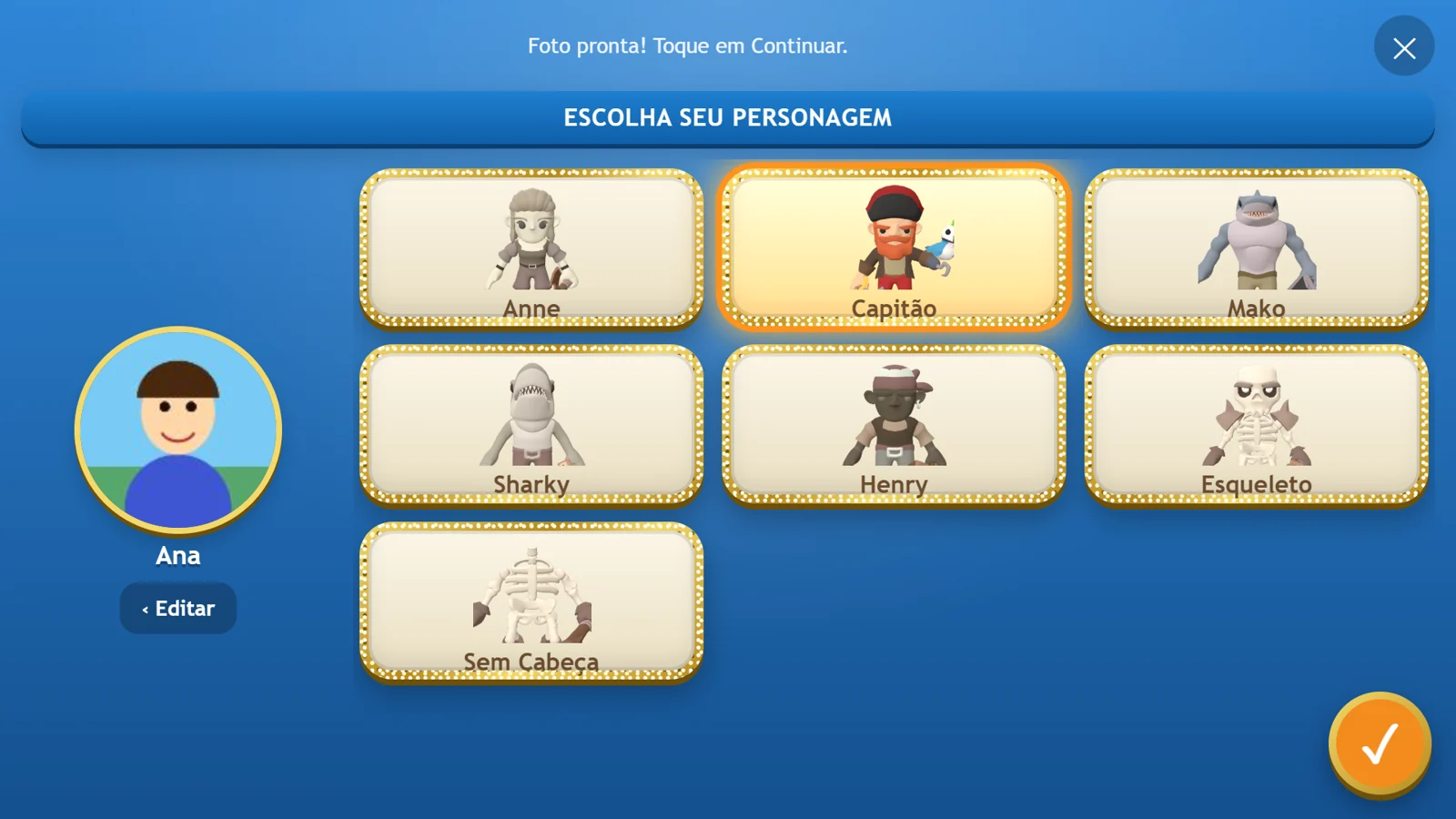 Seleção de personagem no celular com sete personagens e o avatar da jogadora Ana.