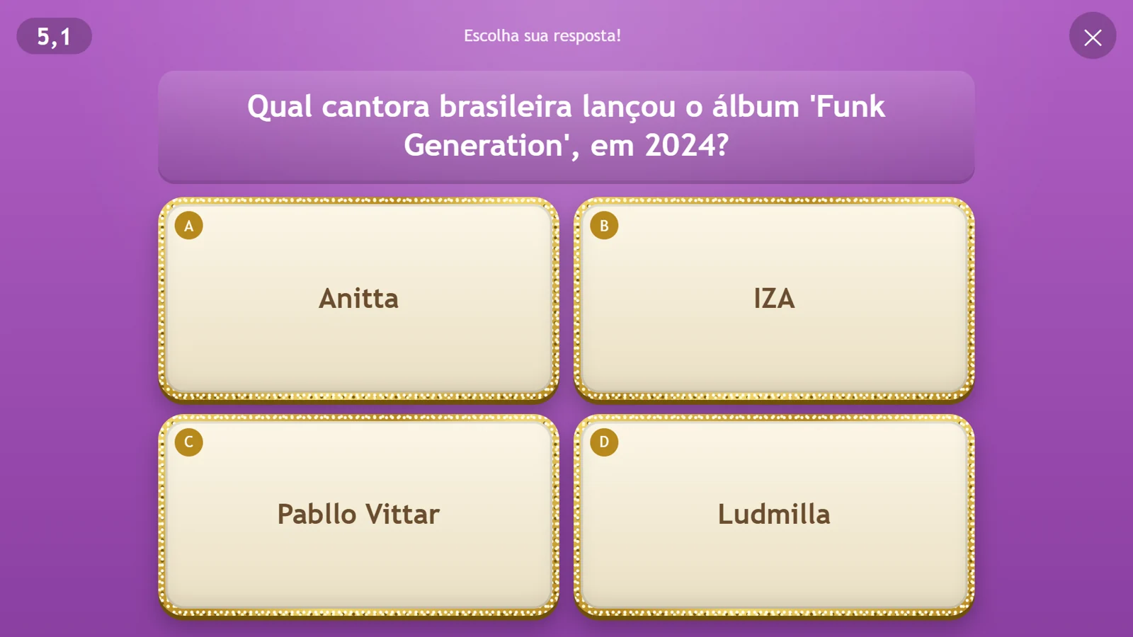 Pergunta no celular com quatro alternativas grandes para tocar.