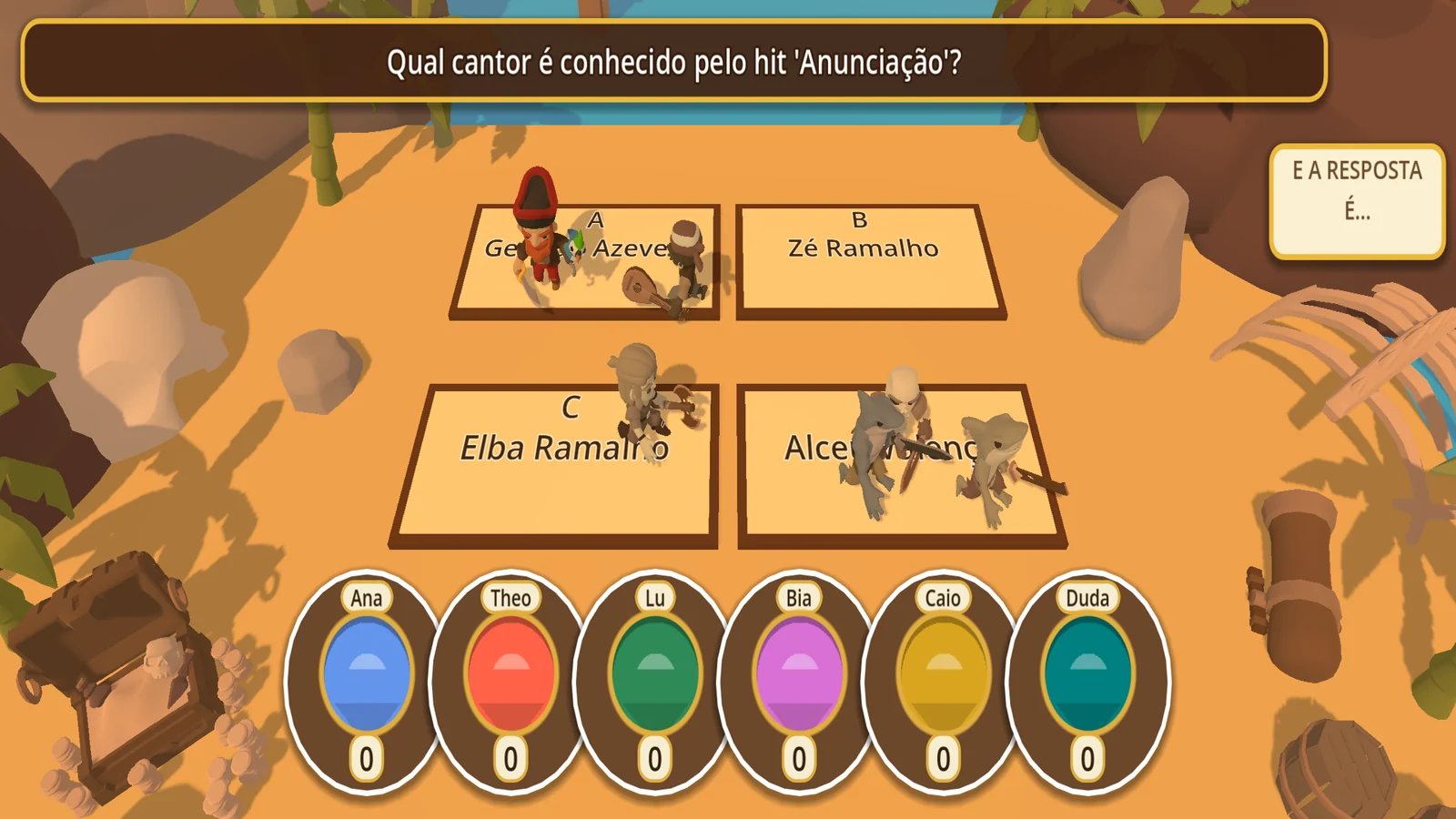 Personagens sobre as alternativas de uma pergunta, com o placar dos jogadores na parte inferior.