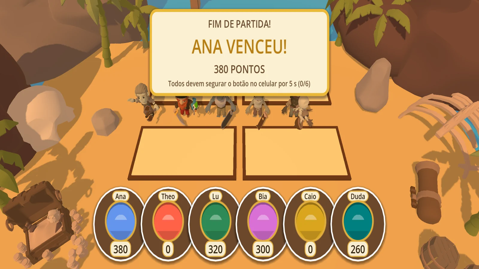 Fim da partida: Ana venceu com 380 pontos, acima do placar do grupo.