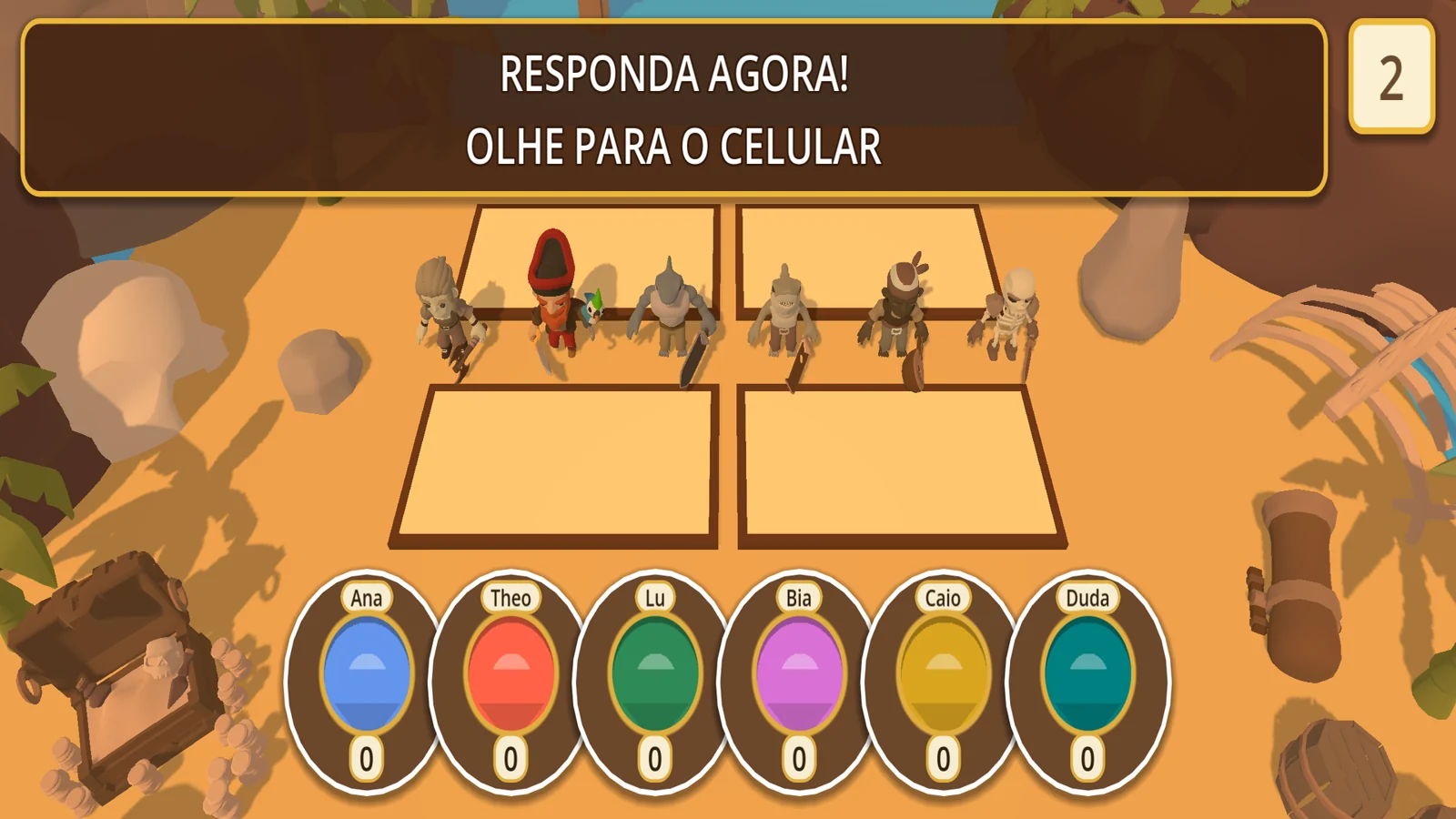 Tela da partida com personagens no cenário e o aviso Responda agora, olhe para o celular.