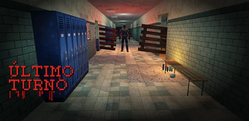 Arte de Último Turno: um assassino entre barricadas e armários no corredor de uma escola, com o logotipo vermelho do jogo.