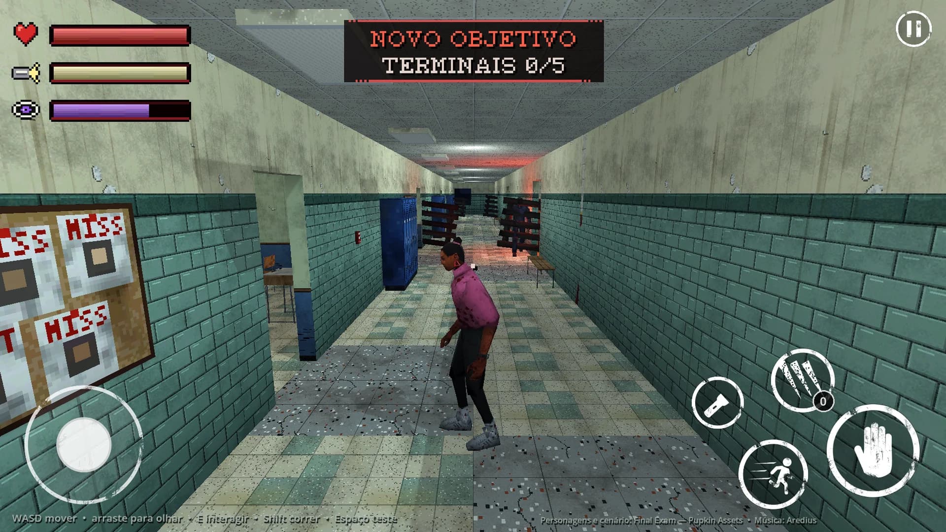 Sobrevivente no corredor da escola com um assassino ao fundo e controles de toque na tela.