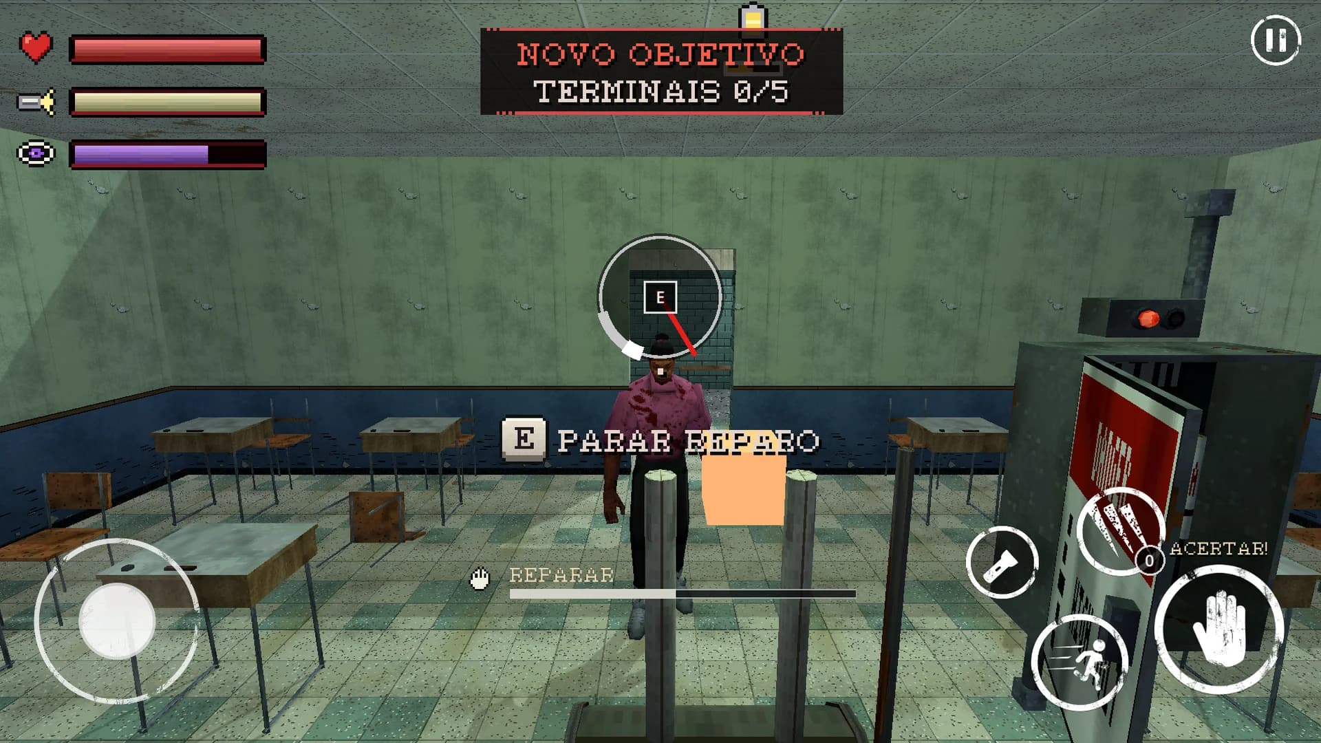 Sobrevivente reparando um gerador em uma sala de aula, com teste circular de habilidade e barra de progresso.